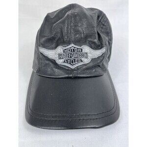 VTG 90s Harley-Davidson Black Leather 5-Panel Hat Wing Logo Motorcycle Cap